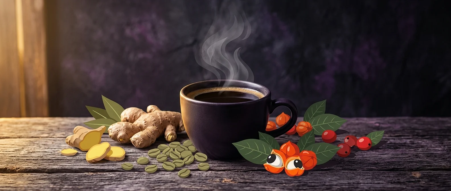 Green coffee beans and ginger root with steaming coffee mug - guarana ginger green coffee wellness blend