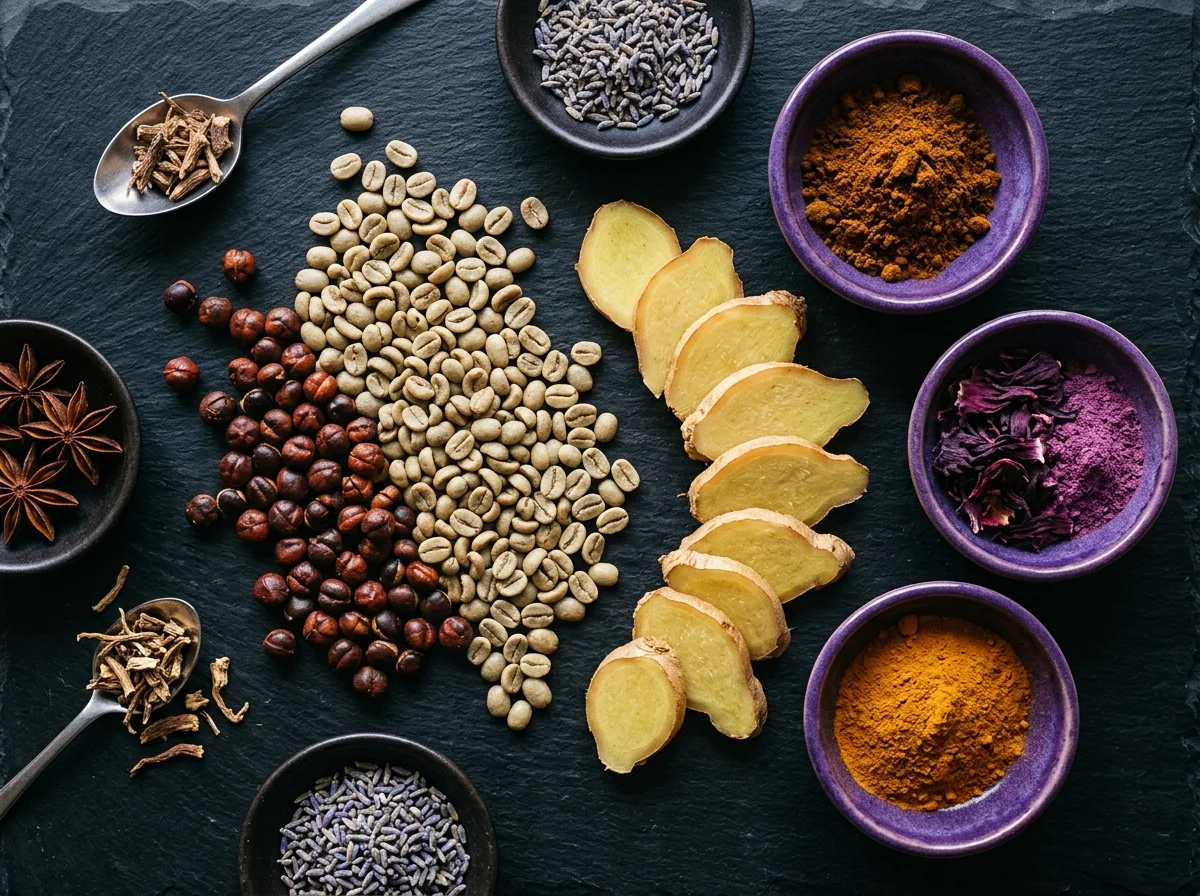 Flat-lay of green coffee beans, guarana seeds and ginger root - guarana ginger green coffee wellness blend