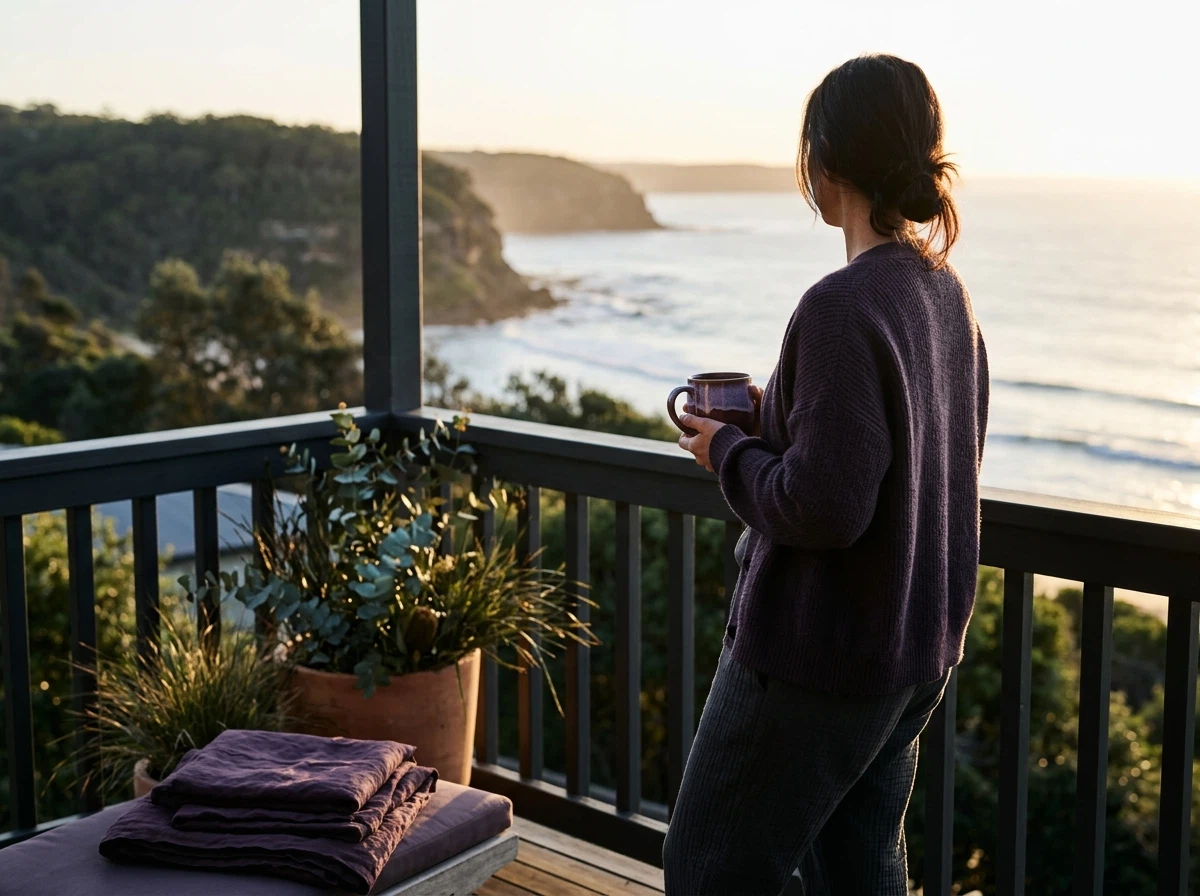 Anonymous person on a sunlit balcony enjoying a morning wellness routine - everyday energy supplement plant extracts
